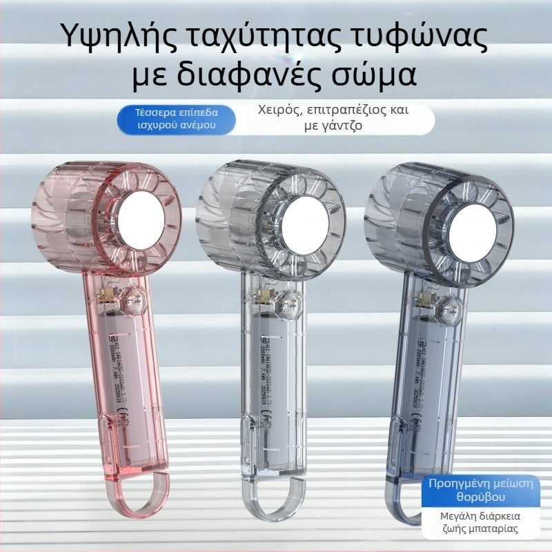 Διαφανής φορητός ανεμιστήρας χειρός για εξωτερικούς χώρους, με καραμπίνερ, μίνι τσέπης