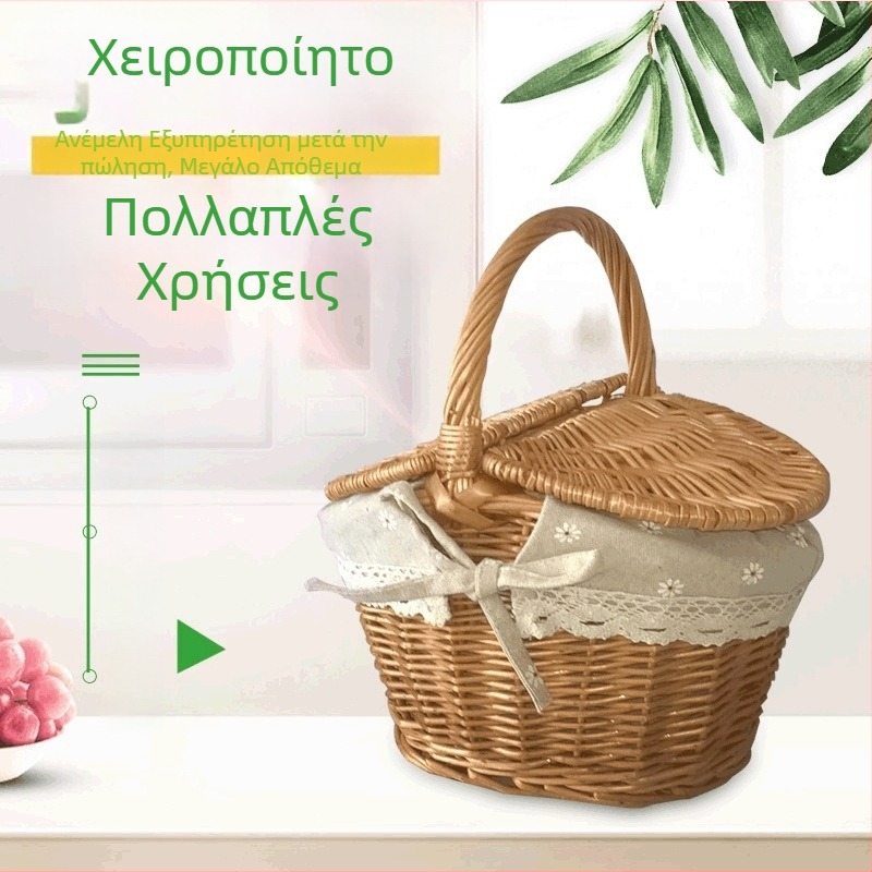 Καλάθι πικνίκ από ράταν και ψάθα με καπάκι και λαβή, κάλαθι αποθήκευσης και φρούτων, αγροτικό στυλ, χειροποίητο