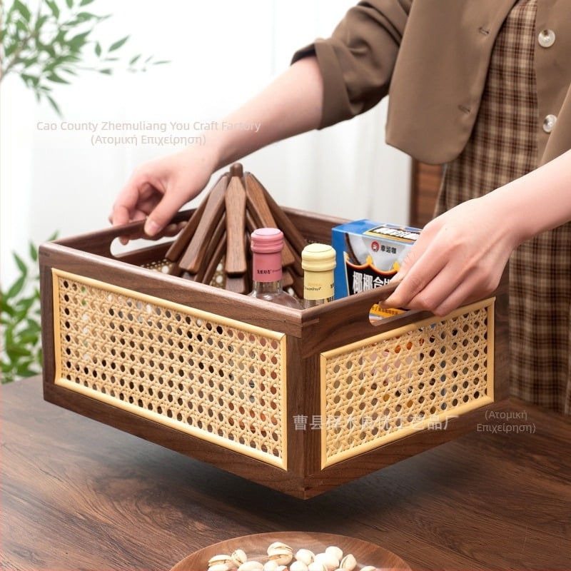 Ξύλινο κουτί αποθήκευσης με πλεκτό καλάθι ρατάν για οργάνωση γραφείου και αποθήκευση παιχνιδιών