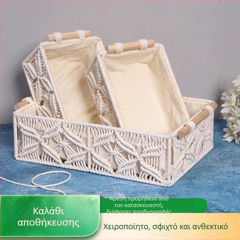 Χειροποίητο καλάθι αποθήκευσης από βαμβακερό σχοινί, οργανωτής γραφείου, ρετρό καλλιτεχνικό στυλ
