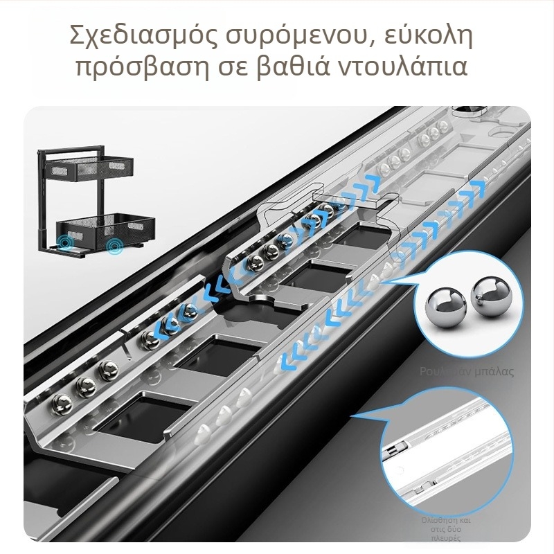 Σιδερένιος ρυθμιζόμενος διώροφος ράφι νεροχύτη κουζίνας με συρόμενο καλάθι αποθήκευσης για μπάνιο