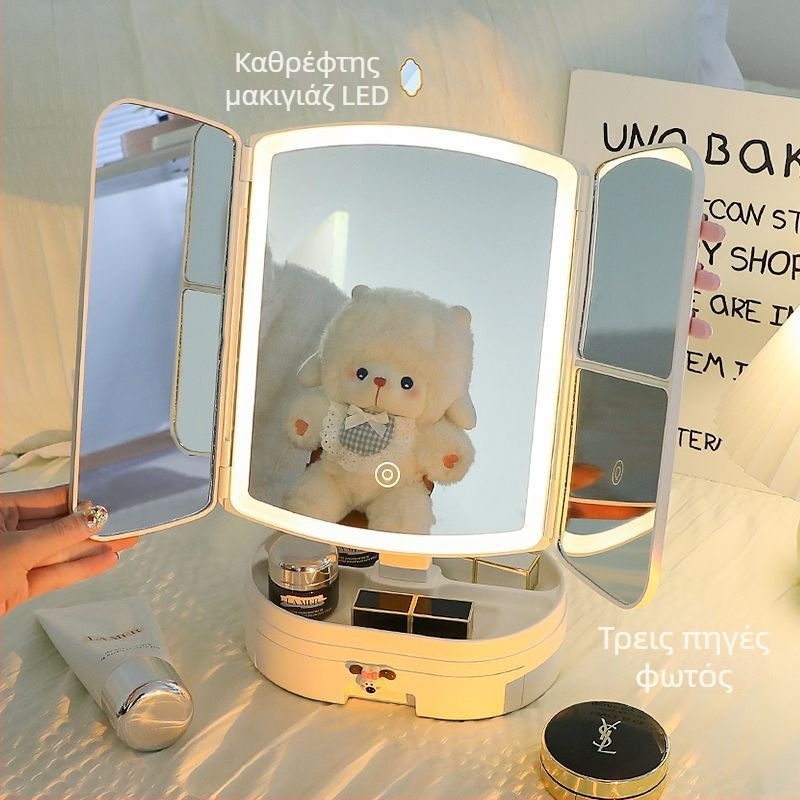 Επιτραπέζιος καθρέπτης μακιγιάζ με LED φωτισμό για υπνοδωμάτιο, αναδιπλούμενος καθρέφτης αποθήκευσης για φοιτητική εστία