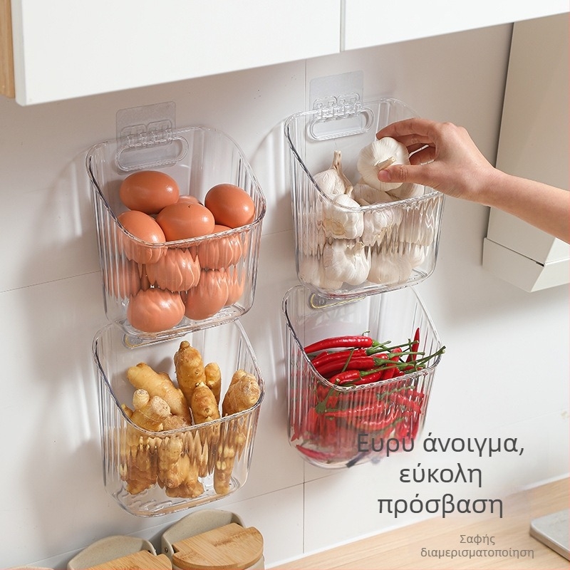 Διαφανές κρεμαστό καλάθι αποθήκευσης, πολυεπίπεδος κουζινικός οργανωτής για πράσα, τζίντζερ και σκόρδο, επιτοίχια τοποθέτηση