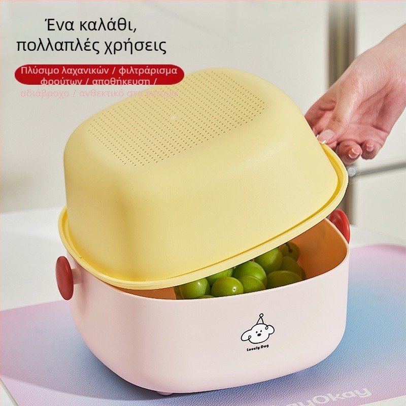 Διπλού επιπέδου κάδος αποστράγγισης – μεγάλος αποθηκευτικός κάδος κουζίνας για φρούτα και λαχανικά, με γλυκό καρτούν σχέδιο