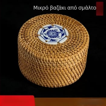 Κλασικό κουτί αποθήκευσης από ρατάν με καπάκι, επιτραπέζιος οργανωτής, στυλ κυκλικού καλάθι από ρατάν