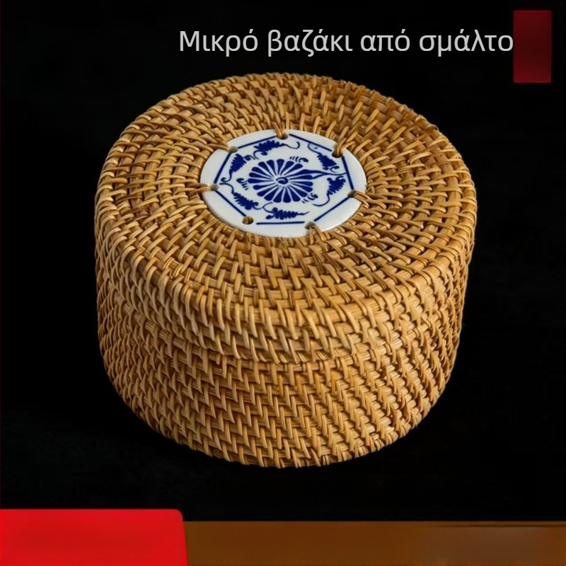 Κλασικό κουτί αποθήκευσης από ρατάν με καπάκι, επιτραπέζιος οργανωτής, στυλ κυκλικού καλάθι από ρατάν