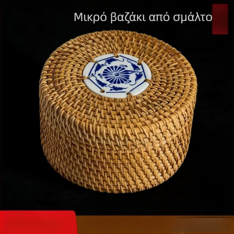 Κλασικό κουτί αποθήκευσης από ρατάν με καπάκι, επιτραπέζιος οργανωτής, στυλ κυκλικού καλάθι από ρατάν