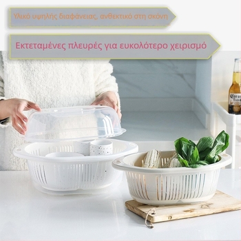 Κυκλική λεκάνη πλυσίματος φρούτων και λαχανικών με καπάκι, διπλής στρώσης κάδος απόστραγγισης, οργάνωση κουζίνας σε κορεάτικό στυλ
