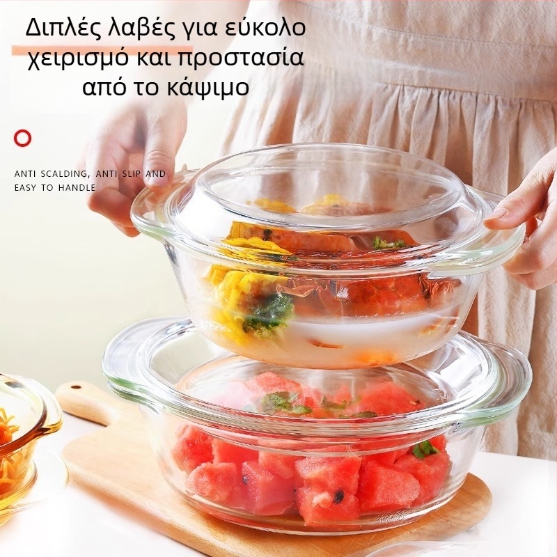 Γυάλινο μπολ με καπάκι, κατάλληλο για φούρνο μικροκυμάτων, θερμοανθεκτικό, μεγάλο μπολ για σούπα και ατμό κρέμας αυγού
