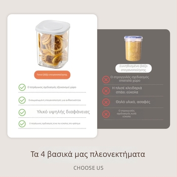 Πλαστικό δοχείο αποθήκευσης τροφίμων με αεροστεγές καπάκι, τετράγωνου σχήματος, χωρητικότητας 301-500 ml, ανθεκτικό στην υγρασία, κατάλληλο για δημητριακά και σνακ.