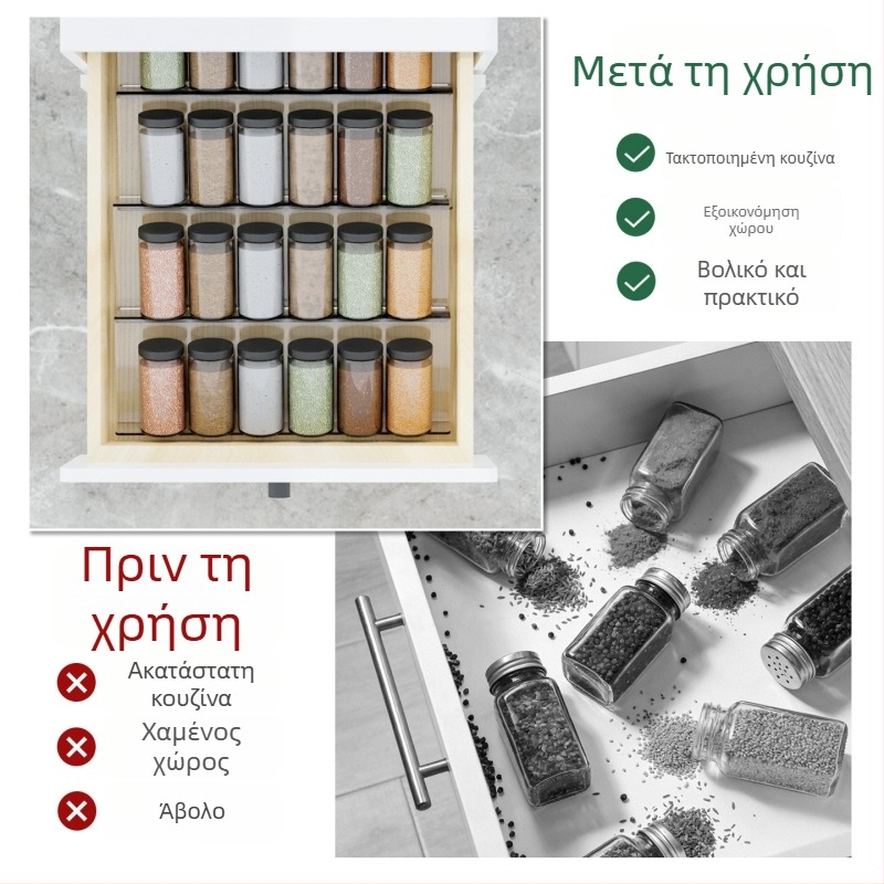Ακρυλική βάση αποθήκευσης μπαχαρικών, διαδοχικός οργανωτής συρταριού κουζίνας