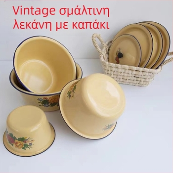 Παλιό εμαγιέ σκεύος με καπάκι: κατσαρόλα σούπας, μπολ γέμισης για ντόλμες/ζυμαρικά, μπολ μπαχαρικών, βαθύ σκεύος λίπους με καπάκι, μπολ για κέικ
