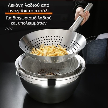 Εξαιρετικά χοντρή ανοξείδωτη λεκάνη λαδιού με καπάκι — κιτ κουζίνας: λεκάνη λαδιού, λεκάνη για λαρδί και καρυκεύματα με κουτάλι με τρύπες