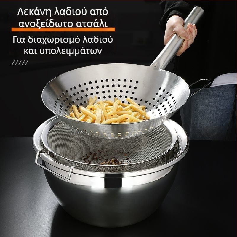 Εξαιρετικά χοντρή ανοξείδωτη λεκάνη λαδιού με καπάκι — κιτ κουζίνας: λεκάνη λαδιού, λεκάνη για λαρδί και καρυκεύματα με κουτάλι με τρύπες