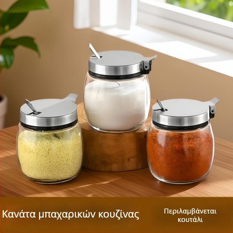 Σετ γυάλινών δοχείων καρυκεύματος χωρίς μόλυβδο, γυάλινο αλατοδοχείο με κουτάλι, ανθεκτικό στην υγρασία για την κουζίνα