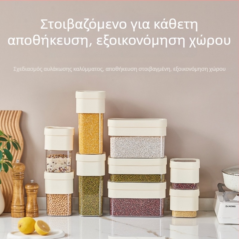 Τετράγωνο κλειστό αποθηκευτικό δοχείο τροφίμων για δημητριακά και αποξηραμένα προϊόντα, διαφανές πλαστικό, 800–1000 ml