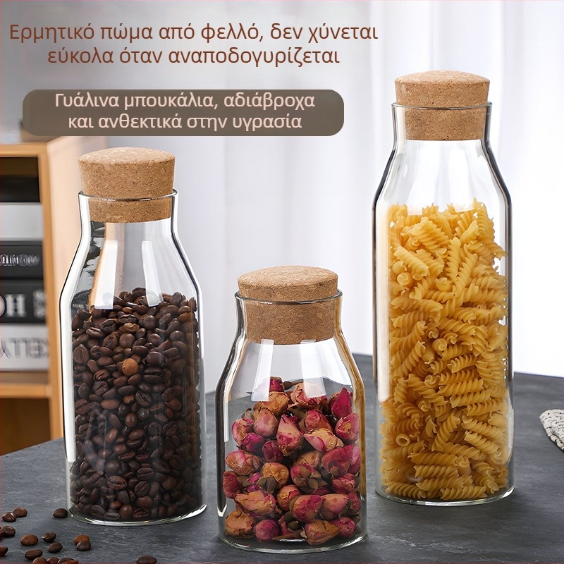 Γυάλινο δοχείο αποθήκευσης υψηλής αντοχής με φελλό καπάκι, στρογγυλό για τσάι και κόκκους, 501–800 ml