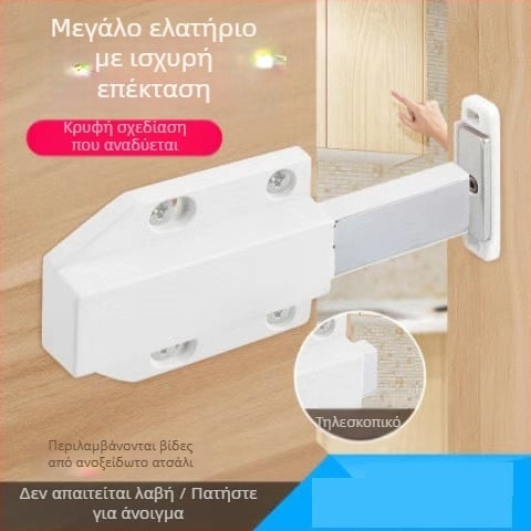 Πόρτα ντουλάπας με μηχανισμό επαναφοράς, αόρατο πάνελ χωρίς λαβή, διακόπτης πίεσης τύπου πατήματος και μαγνητικό στοιχείο αυτοάνοιξης.