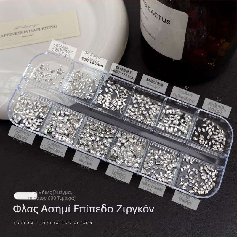 Μίνι διαφανείς ζιρκόν στρας για νύχια, λαμπερά 5A, διαφανή σαν πάγο, 12 τμήματα με ποικιλία σχημάτων, μυτερή πλάτη για σχέδια νυχιών