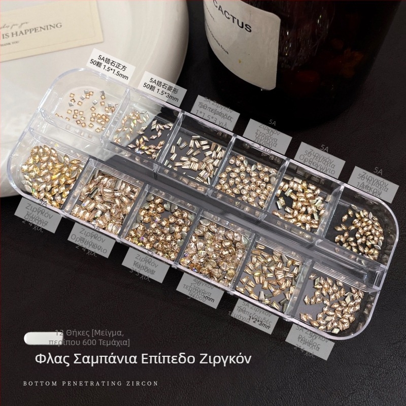 Μίνι διαφανείς ζιρκόν στρας για νύχια, λαμπερά 5A, διαφανή σαν πάγο, 12 τμήματα με ποικιλία σχημάτων, μυτερή πλάτη για σχέδια νυχιών