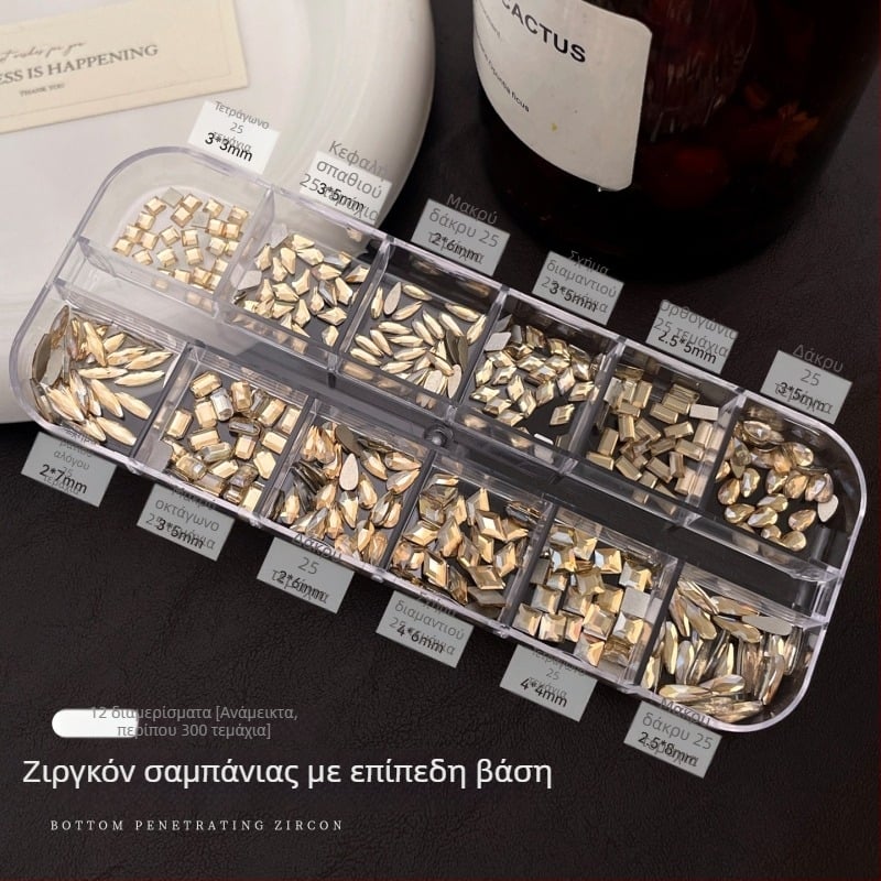 Μίνι διαφανείς ζιρκόν στρας για νύχια, λαμπερά 5A, διαφανή σαν πάγο, 12 τμήματα με ποικιλία σχημάτων, μυτερή πλάτη για σχέδια νυχιών