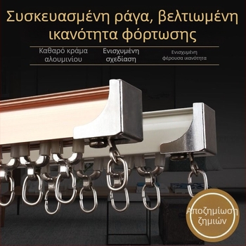 Αλουμινένιο σύστημα οδηγών κουρτινών με διπλό κανάλι, ευθείες και καμπύλες ράγες, επάνω και πλευρική εγκατάσταση, τροχαλία και εξαρτήματα
