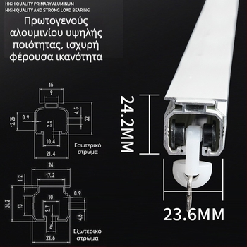 Αλουμινένιος οδηγός κουρτινών με αθόρυβο ολισθητήρα, ρωμαϊκή ράβδος για κουρτίνες, μονο- και διπλή τροχιά, επάνω τοποθέτηση, τύπος με γάντζο