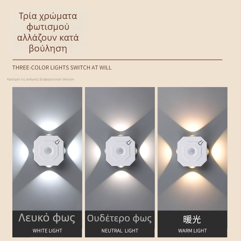 Εσωτερικό επιτοίχιο LED φωτιστικό με αισθητήρα κίνησης, σχέδιο τεσσάρων ματιών, περιβαλλοντικό φωτισμό σε τρεις αποχρώσεις για διάδρομο και υπνοδωμάτιο