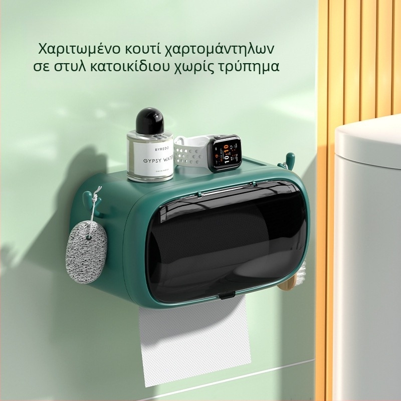 Επιτοίχιο πολυλειτουργικό θήκη χαρτομάντιλων και ρολού τουαλέτας για μπάνιο, χωρίς διάτρηση