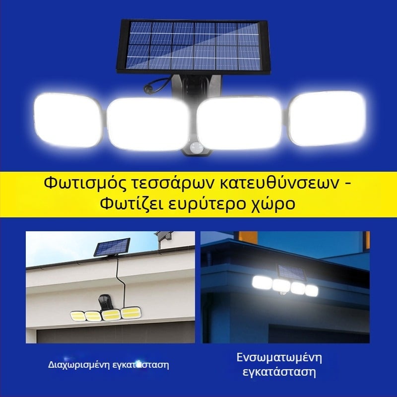 Περιστρεφόμενος ηλιακός LED τοίχος εξωτερικού χώρου με αισθητήρα κίνησης και τηλεχειρισμό για φωτισμό κήπου και διαδρομών IP65
