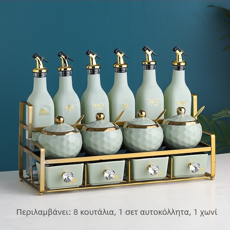 Σετ γυάλινών μπουκαλιών μπαχαρικών με κεραμικά βάζα για λάδι, αλάτι και ξίδι – οικιακή αποθήκευση κουζίνας