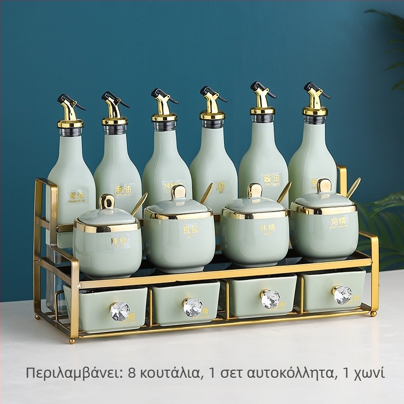 Σετ γυάλινών μπουκαλιών μπαχαρικών με κεραμικά βάζα για λάδι, αλάτι και ξίδι – οικιακή αποθήκευση κουζίνας