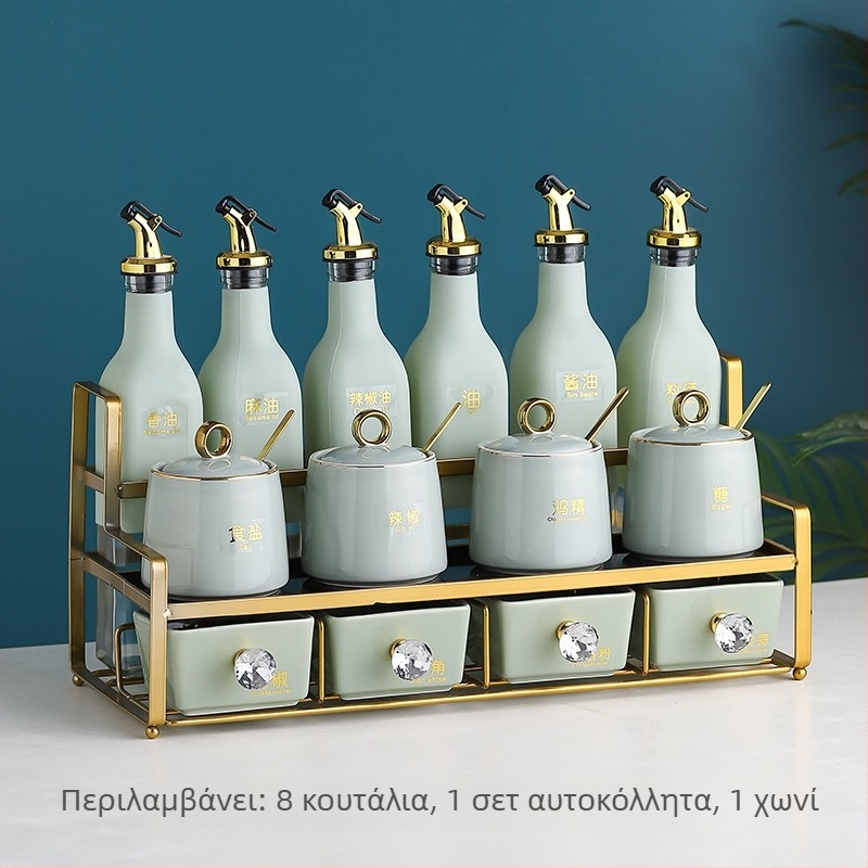Σετ γυάλινών μπουκαλιών μπαχαρικών με κεραμικά βάζα για λάδι, αλάτι και ξίδι – οικιακή αποθήκευση κουζίνας