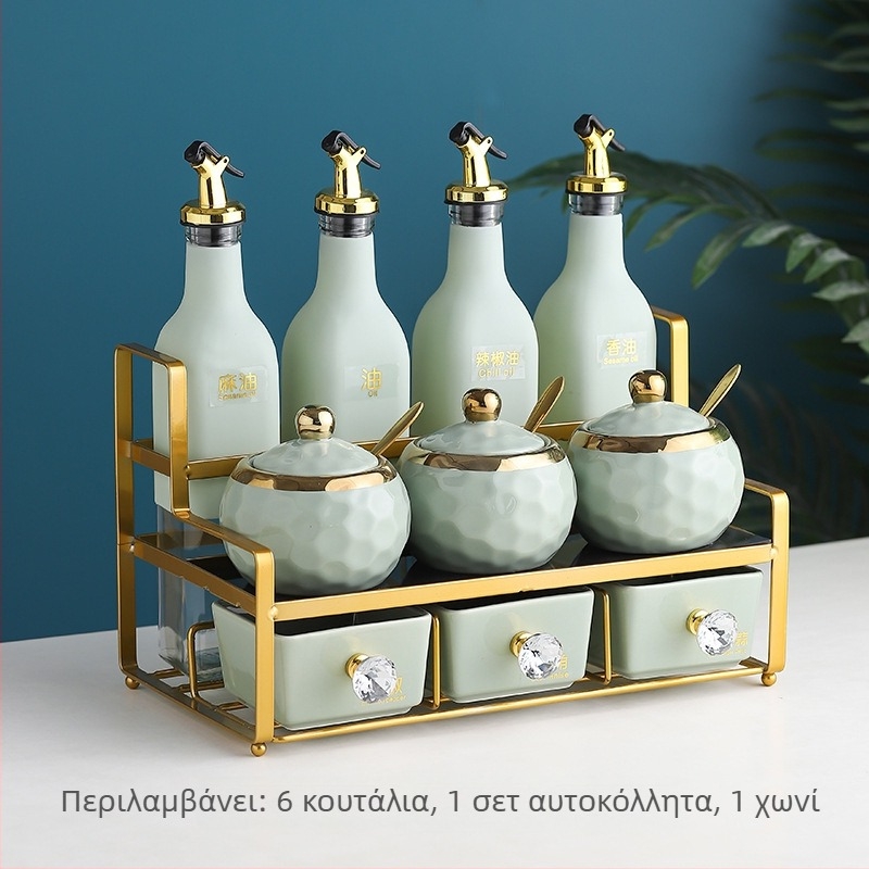 Σετ γυάλινών μπουκαλιών μπαχαρικών με κεραμικά βάζα για λάδι, αλάτι και ξίδι – οικιακή αποθήκευση κουζίνας