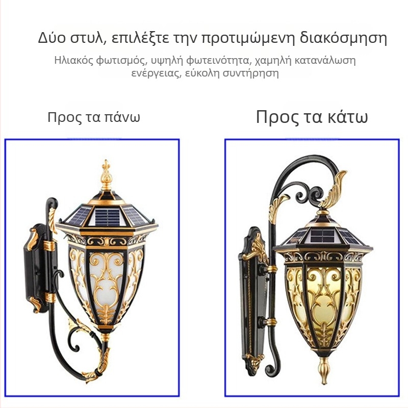 Ηλιακή εξωτερική τοίχικη λάμπα ευρωπαϊκού στυλ για αυλή και διάδρομο – LED φωτισμός τοπίου