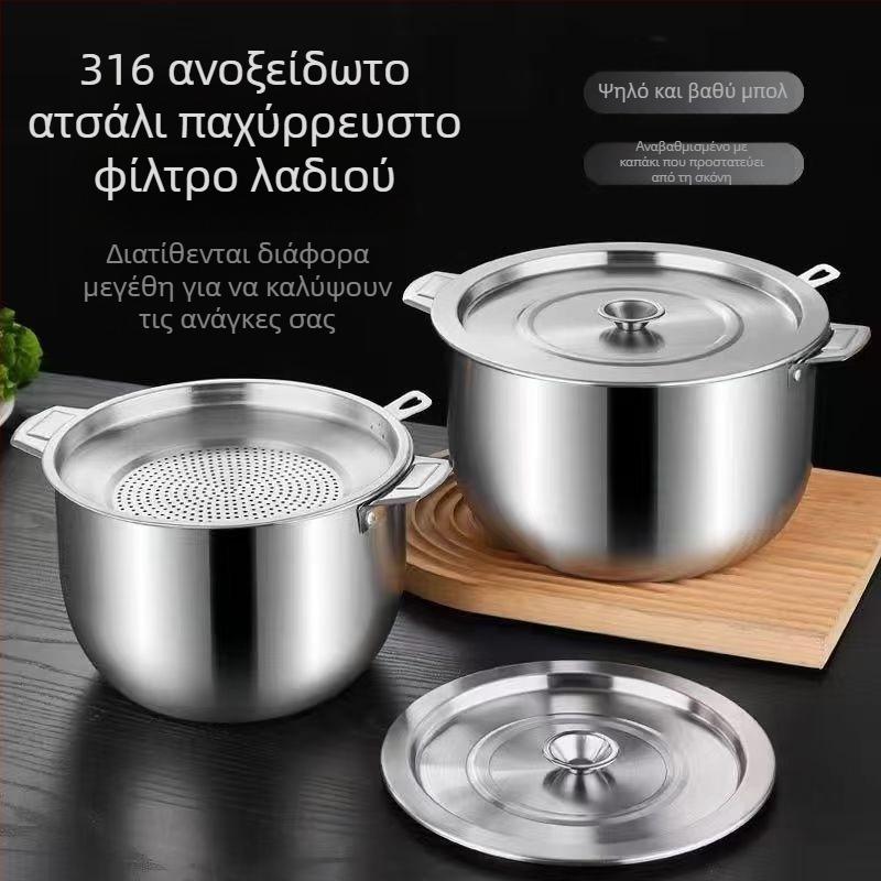 Λεκάνη από ανοξείδωτο χάλυβα με καπάκι, πολυλειτουργική λεκάνη φιλτραρίσματος λαδιού, δοχείο αποθήκευσης λαδιού, κατσαρόλα για σούπα, ανυψωμένος κάδος για κρέας