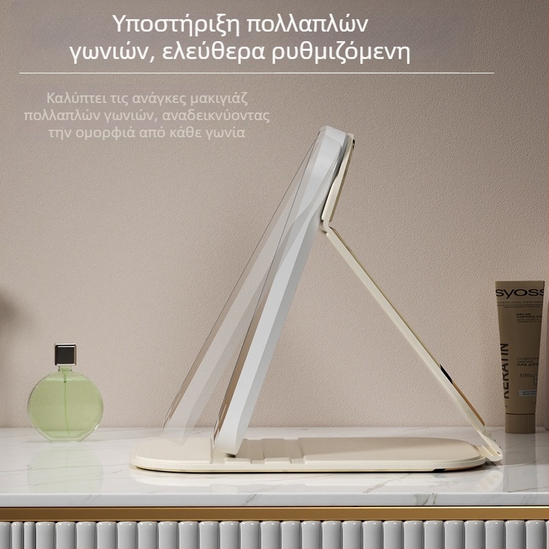 LED καθρέφτης μακιγιάζ με φως, αναδιπλούμενος επιτραπέζιος, φορητός καθρέφτης ομορφιάς με καπάκι