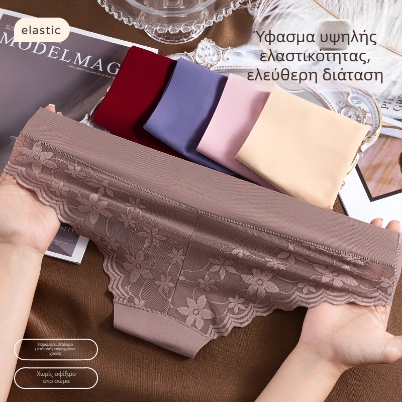 Γυναικείο εσώρουχο ενός κομματιού από ice silk, χωρίς ραφές, μεσαίας μέσης, δαντέλα, ελαφρύ και διαπνέον, σχέδιο από τρίγωνο πλέγμα