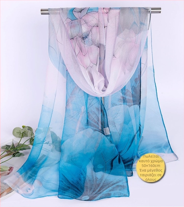 Lotus Georgette μεσαίου μήκους φουλάρι, εκτυπωμένο, 50×160 cm, καλοκαιρινή προστασία από τον ήλιο, θερμομόνωση, μαμά στυλ, κατάλληλο για χορό, ταιριάζει με όλα