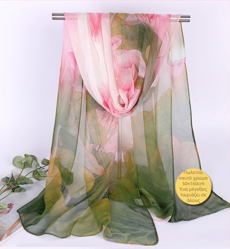 Lotus Georgette μεσαίου μήκους φουλάρι, εκτυπωμένο, 50×160 cm, καλοκαιρινή προστασία από τον ήλιο, θερμομόνωση, μαμά στυλ, κατάλληλο για χορό, ταιριάζει με όλα