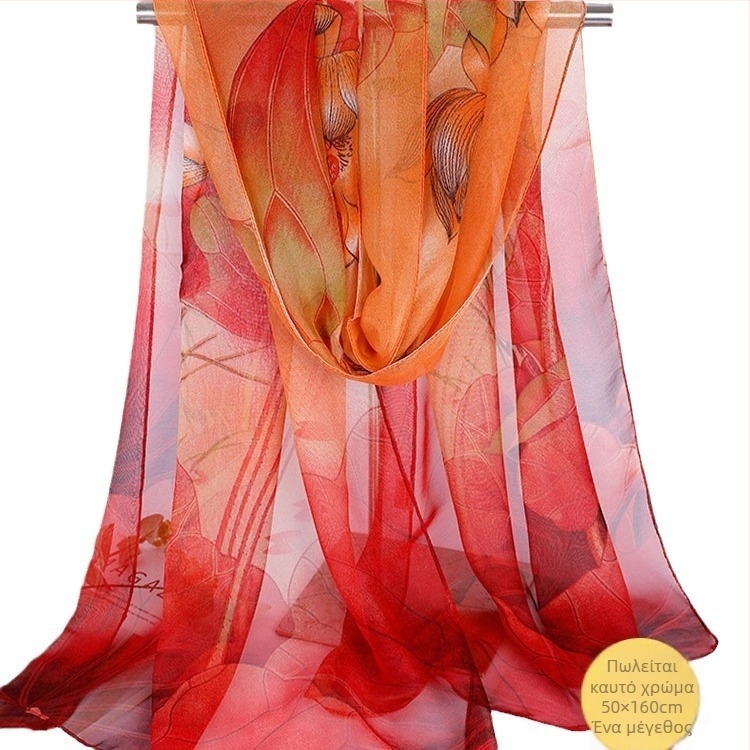 Lotus Georgette μεσαίου μήκους φουλάρι, εκτυπωμένο, 50×160 cm, καλοκαιρινή προστασία από τον ήλιο, θερμομόνωση, μαμά στυλ, κατάλληλο για χορό, ταιριάζει με όλα