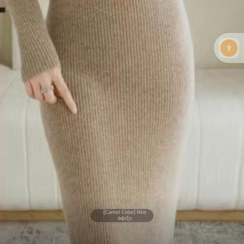 Κασμίρ μακρύ φόρεμα μέχρι το γόνατο, plus size, εφαρμοστό σχέδιο, μακρύ μήκος, πλεκτή μαλλί, χωρίς σιδέρωμα
