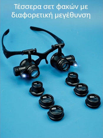 Διπλικός φακός κεφαλής με μεγενθύσεις 10x–25x, LED φωτισμό στην ασπίδα ματιών για επισκευές ρολογιών και αξιολόγηση αρχαιοτήτων