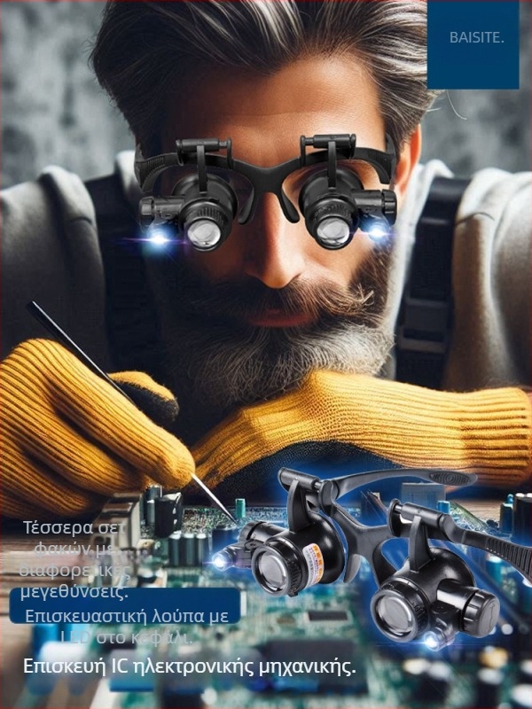 Διπλικός φακός κεφαλής με μεγενθύσεις 10x–25x, LED φωτισμό στην ασπίδα ματιών για επισκευές ρολογιών και αξιολόγηση αρχαιοτήτων