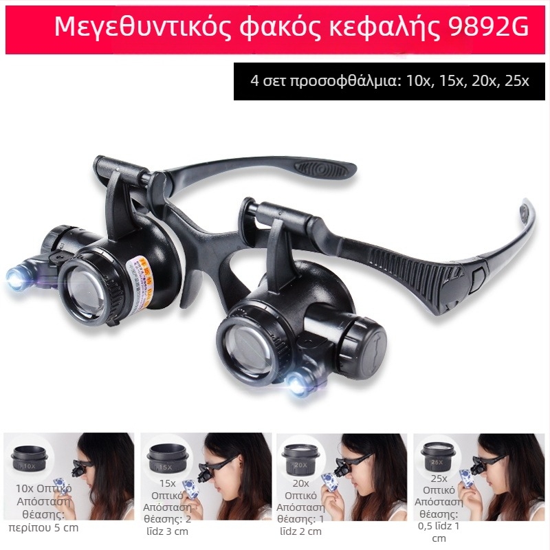 Διπλικός φακός κεφαλής με μεγενθύσεις 10x–25x, LED φωτισμό στην ασπίδα ματιών για επισκευές ρολογιών και αξιολόγηση αρχαιοτήτων