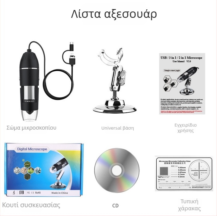 Μικροσκόπιο 3 σε 1, 1600x ψηφιακός ηλεκτρονικός μικροσκόπιο με Type-C, Android USB και κάμερα υπολογιστή