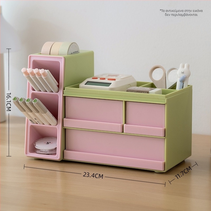 Κομψός επιτραπέζιος οργανωτής με συρτάρι, κεκλιμένη θήκη για στυλό και πλαστικός κύλινδρος γραφικής ύλης