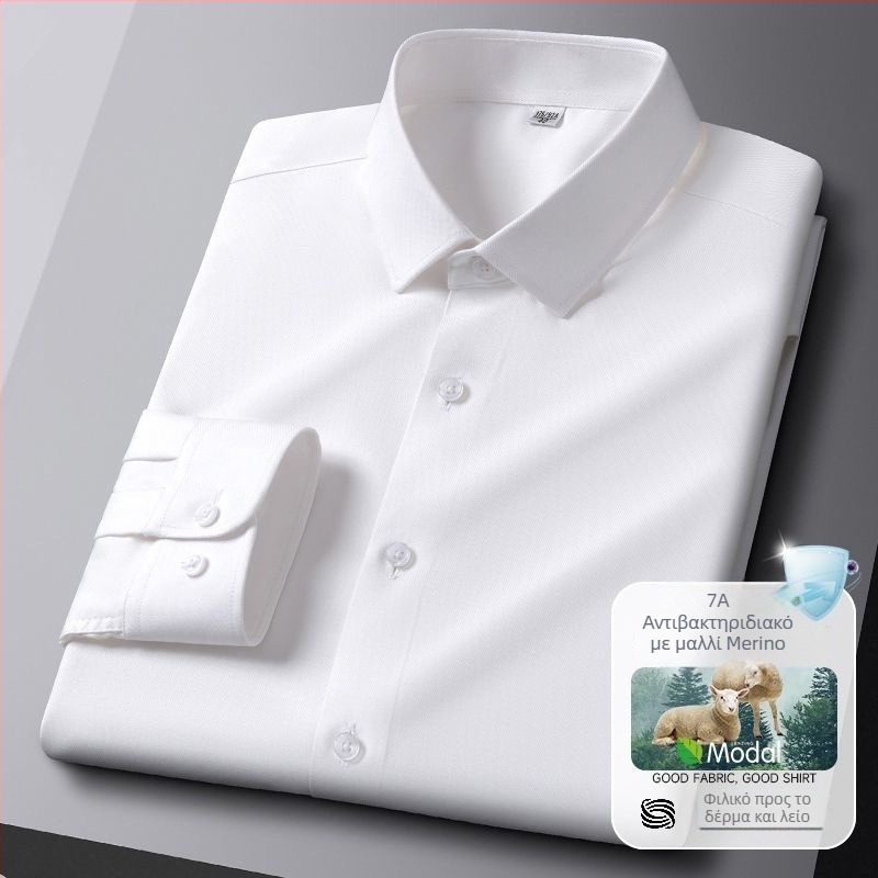 Ανδρικό πουκάμισο με μακρύ μανίκι από Merino μαλλί, άνοιξη–φθινόπωρο, μονόχρωμο, στενή γραμμή, τετράγωνος γιακά, επιχειρηματικό casual, ατσαλάκωτο
