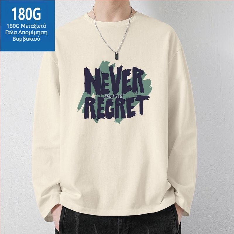 Ανδρικό μακρυ–μανικό T‑shirt με εκτύπωση γραμμάτων, 180 g, ύφασμα milk-silk που μιμείται το βαμβάκι, βασικό στρώμα φθινοπωρινό-χειμερινό, αμερικανικό στυλ, ευέλικτο