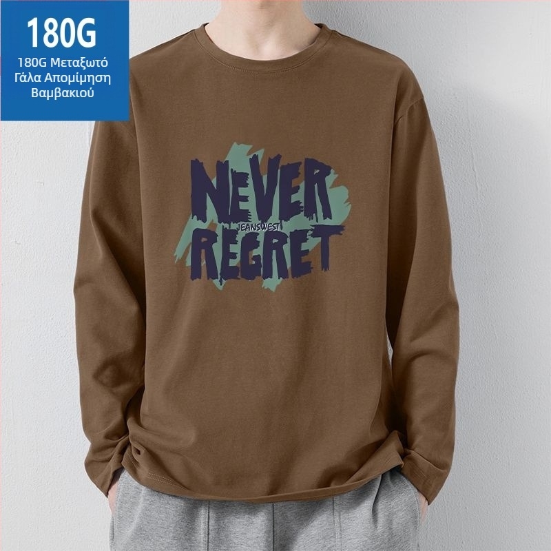 Ανδρικό μακρυ–μανικό T‑shirt με εκτύπωση γραμμάτων, 180 g, ύφασμα milk-silk που μιμείται το βαμβάκι, βασικό στρώμα φθινοπωρινό-χειμερινό, αμερικανικό στυλ, ευέλικτο